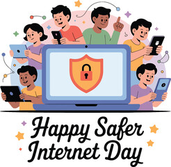 Fototapeta premium Happy Safer Internet Day with People Using Devices and Lock Shield