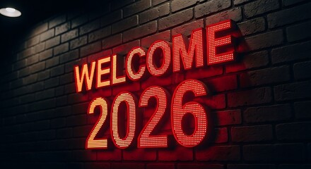 Welcome 2026 Neon Sign on Brick Wall: Capturing the anticipation for the new year, this neon sign glows vibrantly against a textured brick wall.