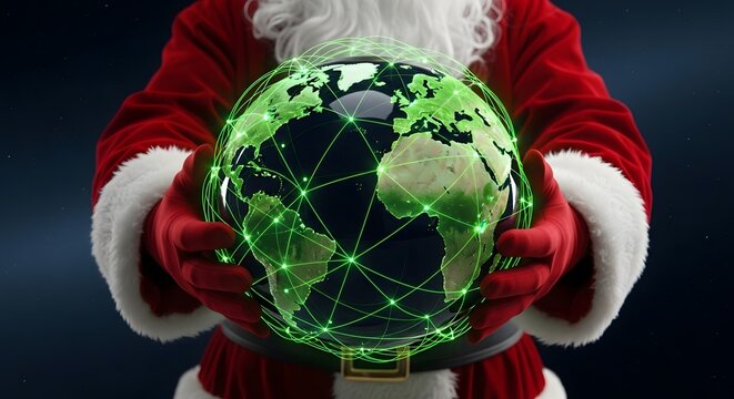 Santa Claus Holding Earth Globe with Green Digital Network