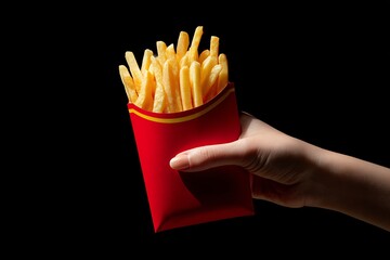 Hand holding a red container full of golden french fries against a black background studio shot