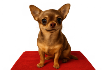 Small brown chihuahua dog sitting patiently on a red carpet, head tilted slightly, looking directly forward. Transparent background