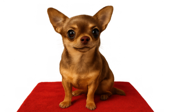 Small brown chihuahua dog sitting patiently on a red carpet, head tilted slightly, looking directly forward. Transparent background