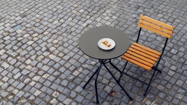 Outdoor caf&eacute; setting with a single wooden chair and small round table on cobblestone pavement featuring a simple plate of pastries