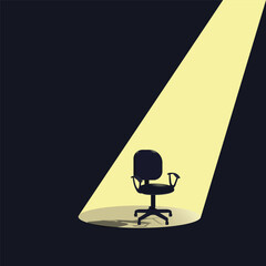 Vector illustration of an empty office chair placed under a dramatic spotlight on a dark background