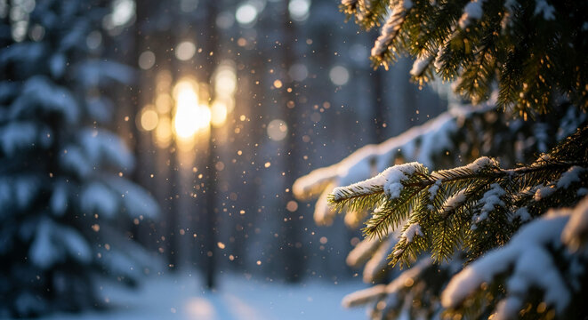 Image of a snowy fir branch under sunlight, creating a winter scene with snowflakes and soft, diffused light, symbolizing peacefulness and serenity