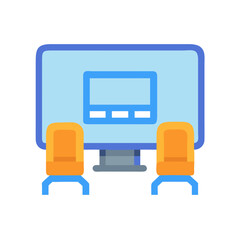 Flat illustration of conference room setting with computer screen