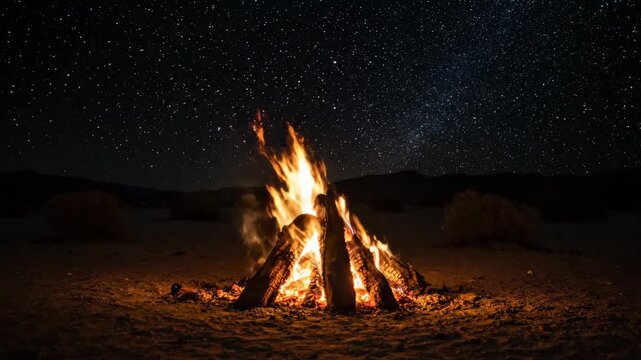 Burning campfire under a starlit night sky landscape in wilderness