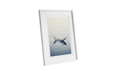 A framed photograph, , captures a serene moment of a bird diving into water, creating ripples and a sense of tranquility, perfect for home decor and art