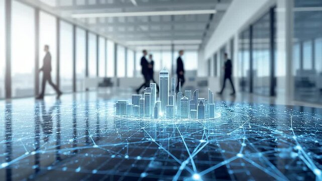 Digital city model glowing on a smart grid surface inside a modern office as business professionals walk through the bright corporate workspace - Powered by Adobe