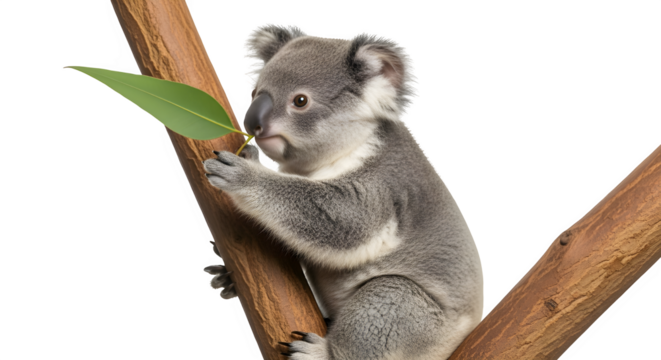 A cute koala, , perched on a branch, nibbling on a eucalyptus leaf, capturing the essence of australian wildlife and the adorable nature of this iconic marsupial