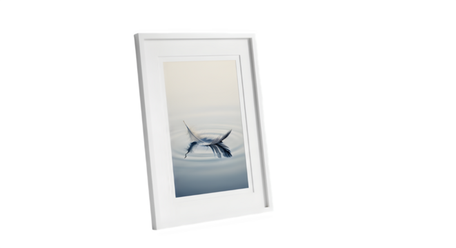 A framed photograph, , captures a serene moment of a bird diving into water, creating ripples and a sense of tranquility, perfect for home decor and art