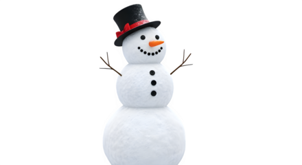 A charming snowman with a black top hat and a carrot nose stands tall against an, radiating winter joy and festive cheer, perfect for holidaythemed designs and seasonal greetings