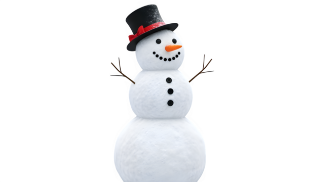 A charming snowman with a black top hat and a carrot nose stands tall against an, radiating winter joy and festive cheer, perfect for holidaythemed designs and seasonal greetings