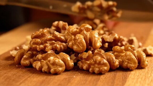 Close-up of walnuts on a wooden cutting board being chopped