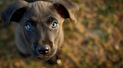 Puppy Gazes Upward With Hopeful Eyes in Warm Light During Late Afternoon