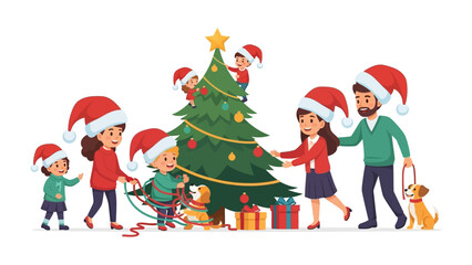 Christmas Family: A family happily decorates their Christmas tree. Filled with gifts, celebration and festive cheer. 