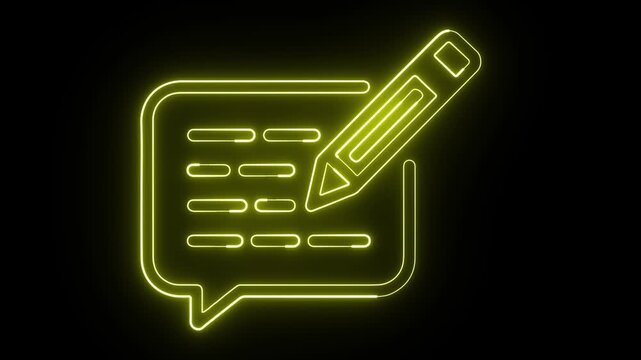 Neon yellow glowing comment box with pencil for feedback and creative writing 4k loop.