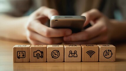 Person using a smartphone with wooden cubes displaying digital communication and technology symbols on a table in soft warm lighting - Powered by Adobe