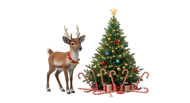 Christmas reindeer and decorated tree isolated on transparent background