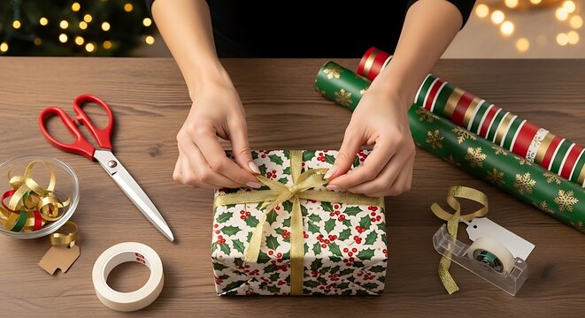 A Photo Realistic, detailed close-up of hands carefully wrapping a Christmas gift with festive patterned paper and a luxurious gold ribbon. This image evokes the thoughtful preparation of the holiday