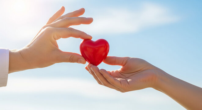 Human hands passing heart symbol under clear sky representing donation, support, and sharing love with others - Powered by Adobe