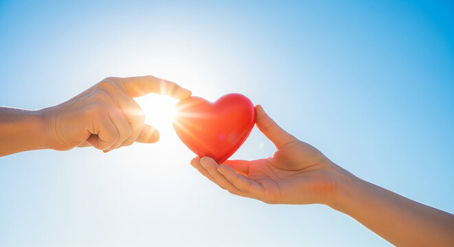 Hands exchanging red heart symbol with sunlight and blue sky background representing love, kindness, and charity