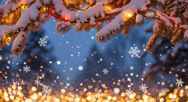 Snowy branch of pine tree with lights and falling snowflake, creating a festive holiday atmosphere, representing winter, celebration, and holiday season