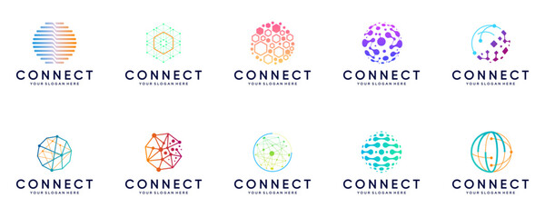 A collection of technology logos with a globe-shaped network connection concept, global tech, graphic illustration design.