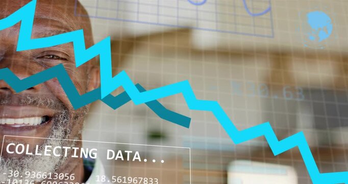 Senior man smiling while data overlay appearing and pie chart sweeping, over subject for tech
