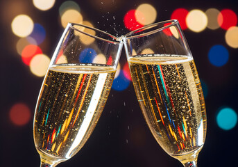 Two champagne glasses toasting with bubbles and a festive bokeh background."