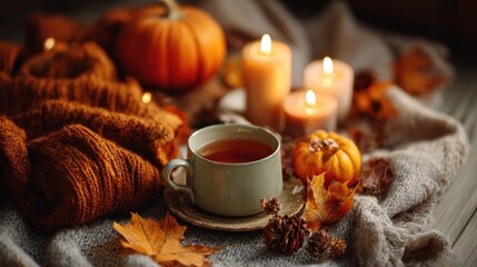 warm blanket, pumpkin, cup of tea and candle