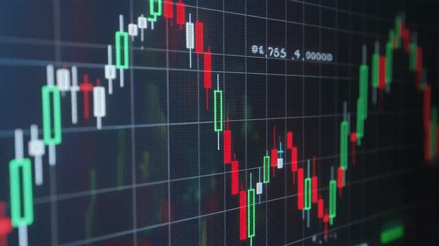 Close-up view of a digital financial candlestick chart displaying market trends with green and red bars on a dark grid background. - Powered by Adobe