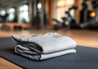 Comfortable grey sweatpants neatly folded on a dark yoga mat with gym equipment blurred in background