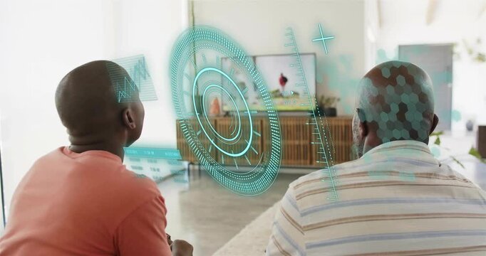Father and son interacting with tech HUD at home left reaching HUD expanding revealing program data