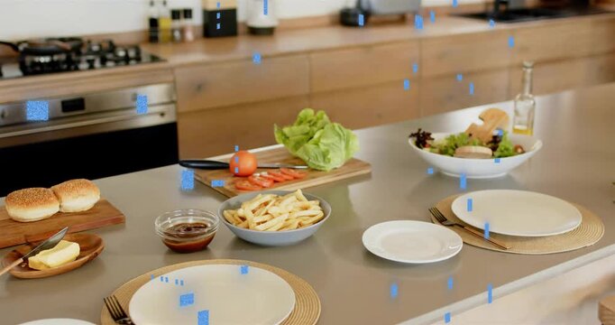 Kitchen island staying still, blue pixel stream appearing down, frame nudging, showing overlay demo