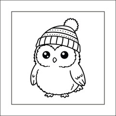 Cute Baby Owl in Winter Beanie Hat Line Art Vector. Kawaii Bird Outline Drawing for Kids Coloring Page. Cartoon Forest Animal in Knitted Cap. 