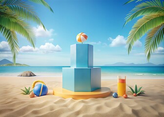 Tropical beach display pedestal with summer drinks and accessories
