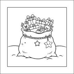 Santa's Sack Coloring Page: Full Bag of Cute Christmas Gifts and Toys Line Art Vector