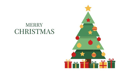 Festive Season Greetings: A vibrant Christmas tree stands adorned with ornaments, surrounded by beautifully wrapped gifts, the words Merry Christmas elegantly displayed.