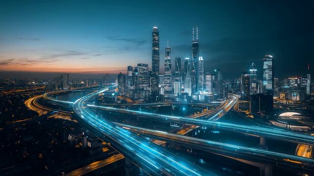 Aerial view of a modern city skyline at dusk with illuminated highways, glowing traffic trails, and towering skyscrapers under a vivid evening sky