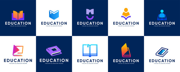 collection of educational logos with abstract book concepts, digital library service solutions, vector graphic design.