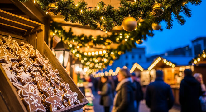 Wooden crate filled with gingerbread cookies decorated with white icing at a festive Christmas market, representing tradition, celebration and commerce