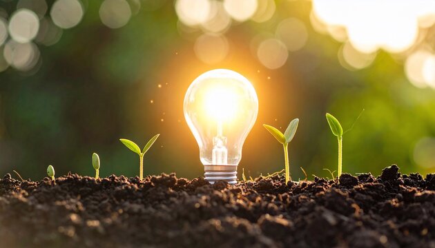 Conceptual image of growth and energy creation with a light bulb and sprouting plants