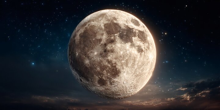 Full moon illuminating dark night sky with stars