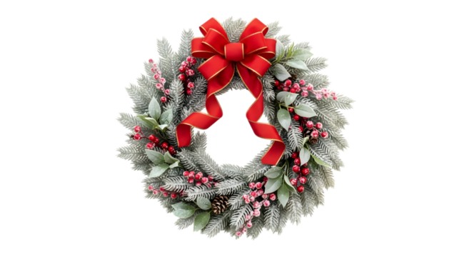 Frosted christmas wreath with red bow isolated on transparent background