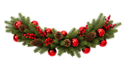 Christmas garland with pine cones and red ornaments isolated on transparent background