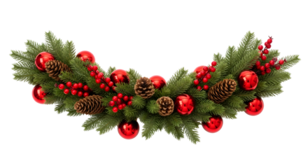 Christmas garland with pine cones and red ornaments isolated on transparent background