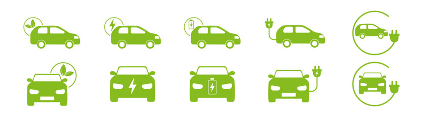 Electric car plug, green eco vehicle, energy and environment, sustainable transportation, hybrid auto icon, battery charge, isolated vector. Transparent background.