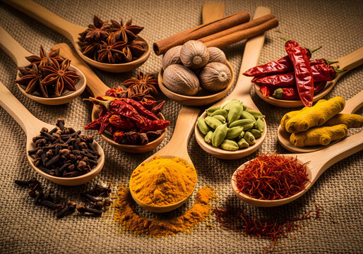 Assortment of colorful spices in wooden spoons on a burlap background."