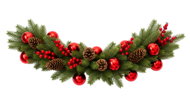 Christmas garland with pine cones and red ornaments isolated on transparent background